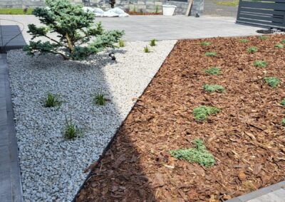 ogród przy domu jednorodzinnym rabata kora kamienie Tomaszek Ogrody Toruń