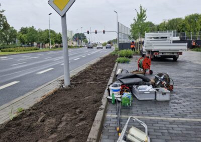 teren zielony przy biurowcu kwietnik krzewy róże rabaty aranżacja terenu Tomaszek Ogrody Toruń